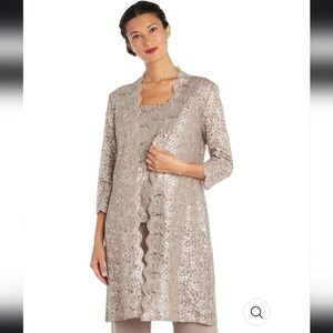 NWT R&M Richards Metallic Lace Tank Top with Sheer Lace Jacket in Champagne 4P